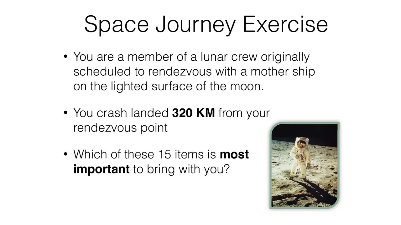 Crash-landed 320 km from the mother ship: which 15 items matter most?